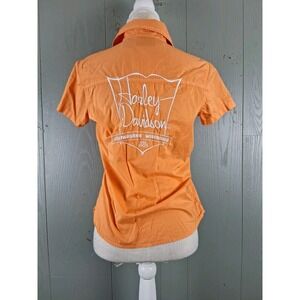 Harley Davidson Shirt Womens Small Orange Short Sleeve Embroidery Wisconsin Moto